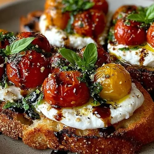 Burrata bruschetta topped with blistered tomatoes on toasted bread.