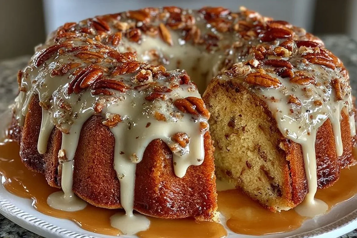Buttered pecan pound cake topped with vanilla and caramel glaze