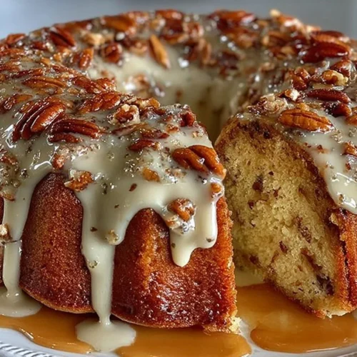 Buttered pecan pound cake topped with vanilla and caramel glaze