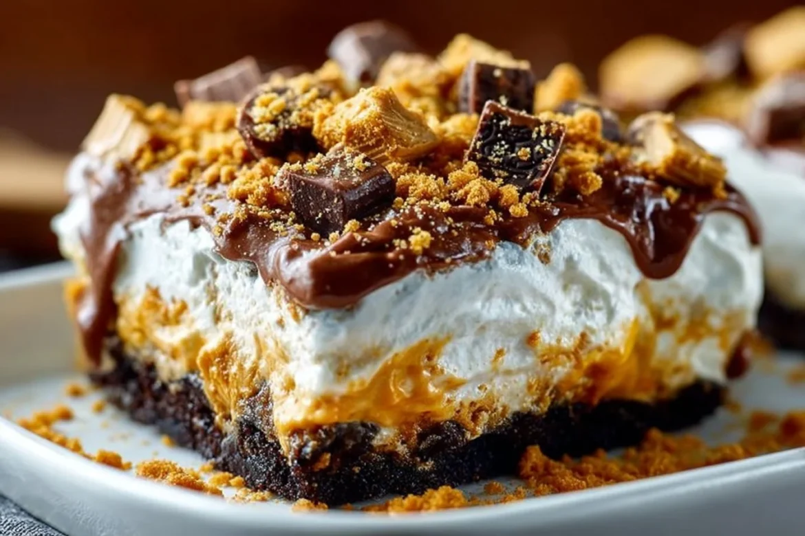 Delicious Butterfinger Lush dessert layered with creamy filling and peanut butter crunch