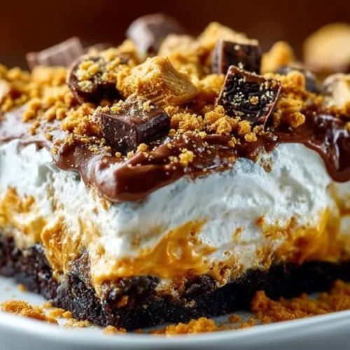 Delicious Butterfinger Lush dessert layered with creamy filling and peanut butter crunch