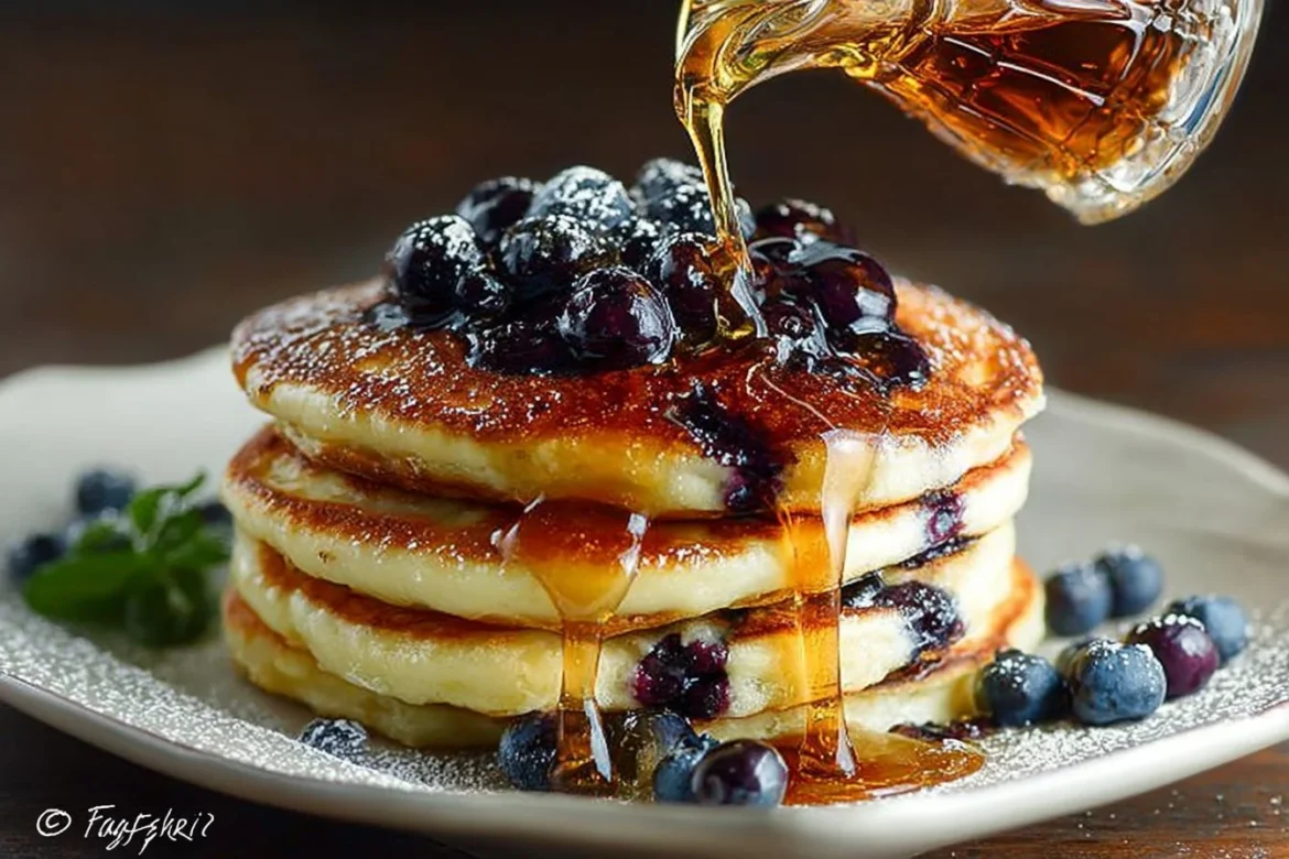 Stack of fluffy buttermilk blueberry pancakes topped with fresh blueberries and syrup
