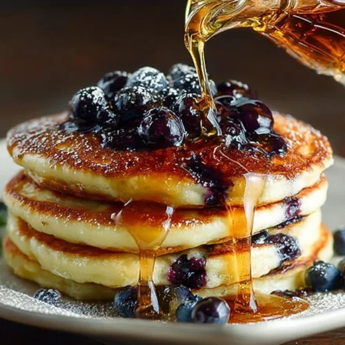 Stack of fluffy buttermilk blueberry pancakes topped with fresh blueberries and syrup