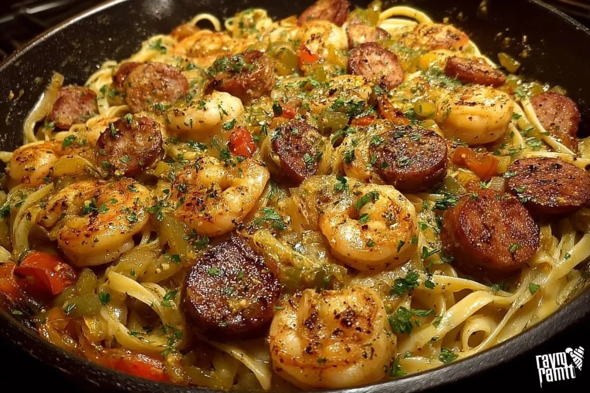 Plate of Cajun Shrimp Pasta with Sausage garnished with herbs and spices