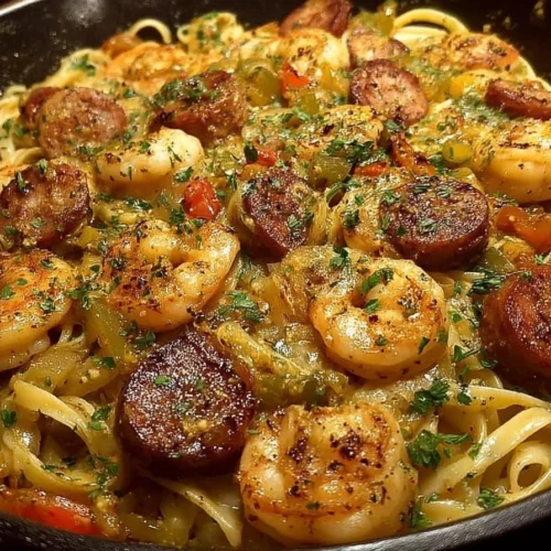 Plate of Cajun Shrimp Pasta with Sausage garnished with herbs and spices