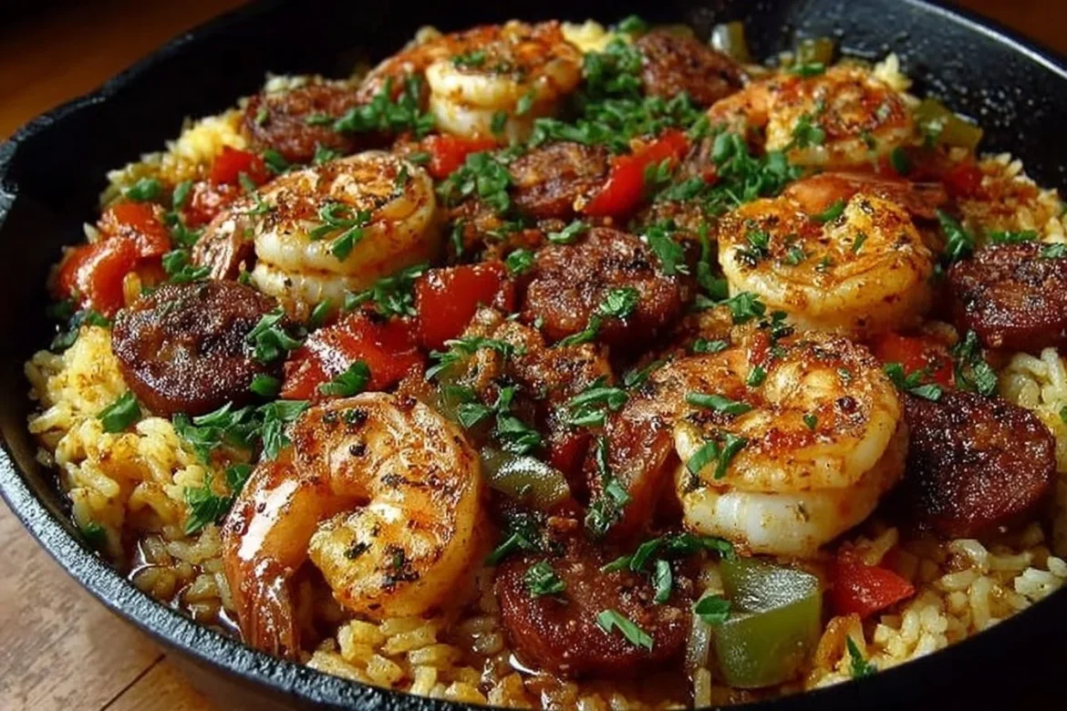 Delicious Cajun Shrimp Sausage Dirty Rice in a bowl garnished with parsley