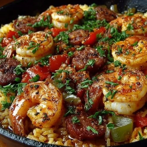 Delicious Cajun Shrimp Sausage Dirty Rice in a bowl garnished with parsley