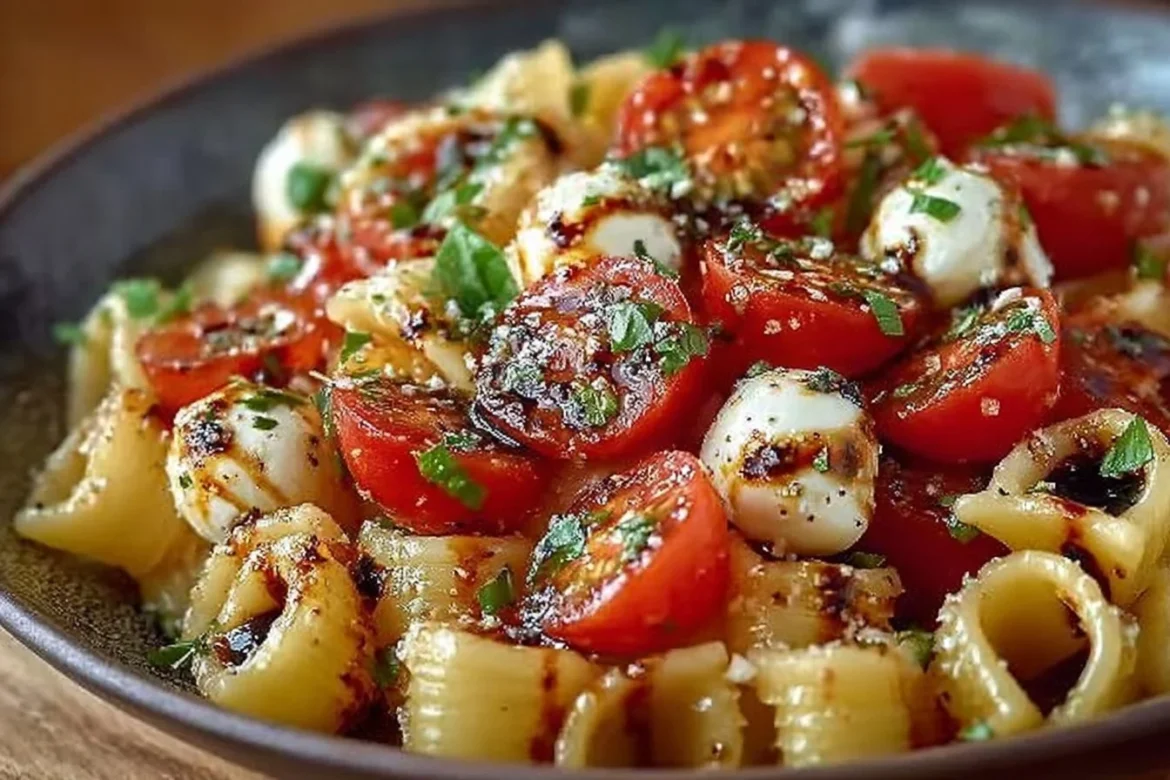 Delicious Caprese Pasta Salad with cherry tomatoes, fresh mozzarella, and basil leaves.