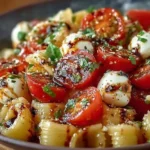 Delicious Caprese Pasta Salad with cherry tomatoes, fresh mozzarella, and basil leaves.