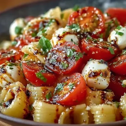 Delicious Caprese Pasta Salad with cherry tomatoes, fresh mozzarella, and basil leaves.