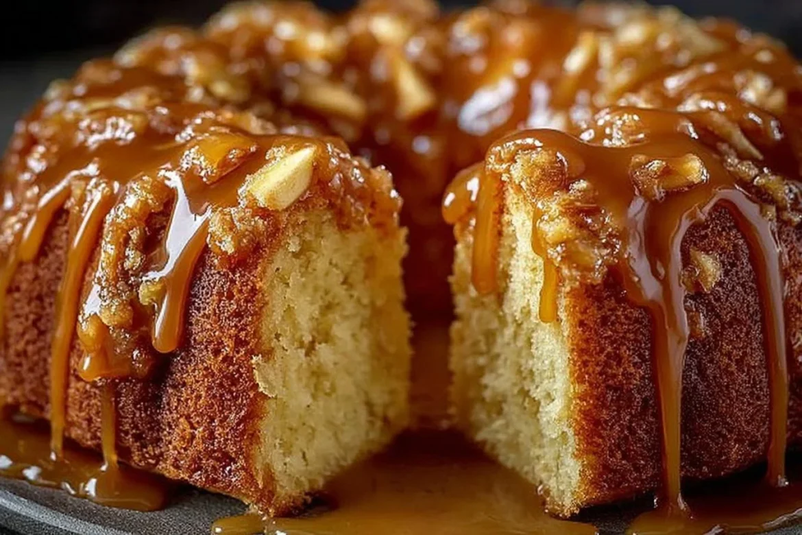 Homemade caramel apple cake topped with creamy caramel sauce