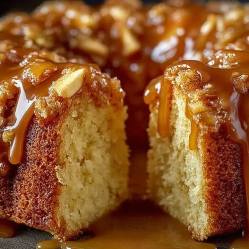 Homemade caramel apple cake topped with creamy caramel sauce