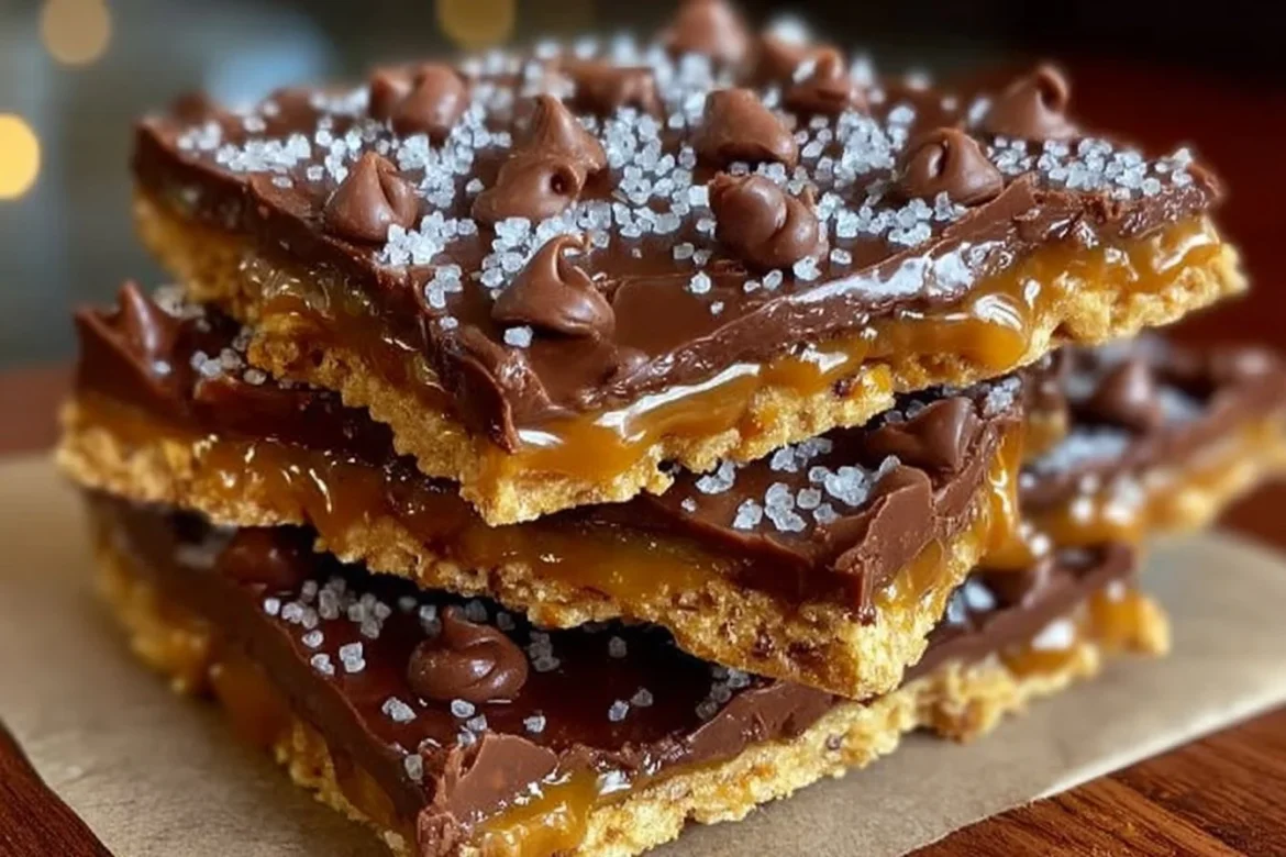 Delicious homemade caramel chocolate crunch bars stacked on a plate