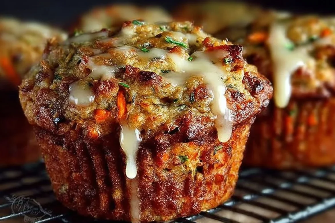 Close-up of carrot cake zucchini muffins topped with cream cheese
