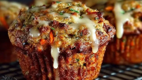 Close-up of carrot cake zucchini muffins topped with cream cheese