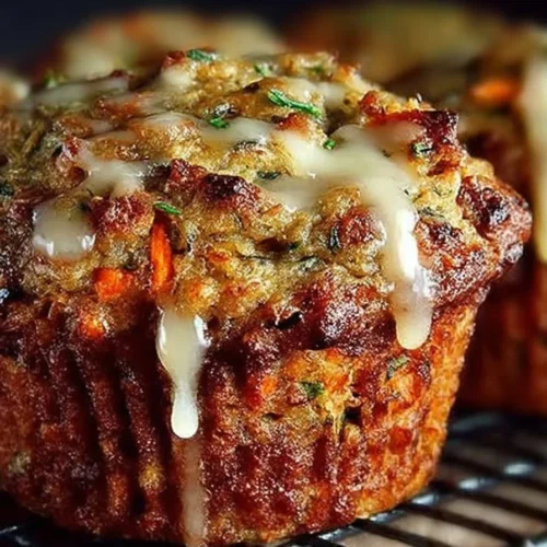 Close-up of carrot cake zucchini muffins topped with cream cheese