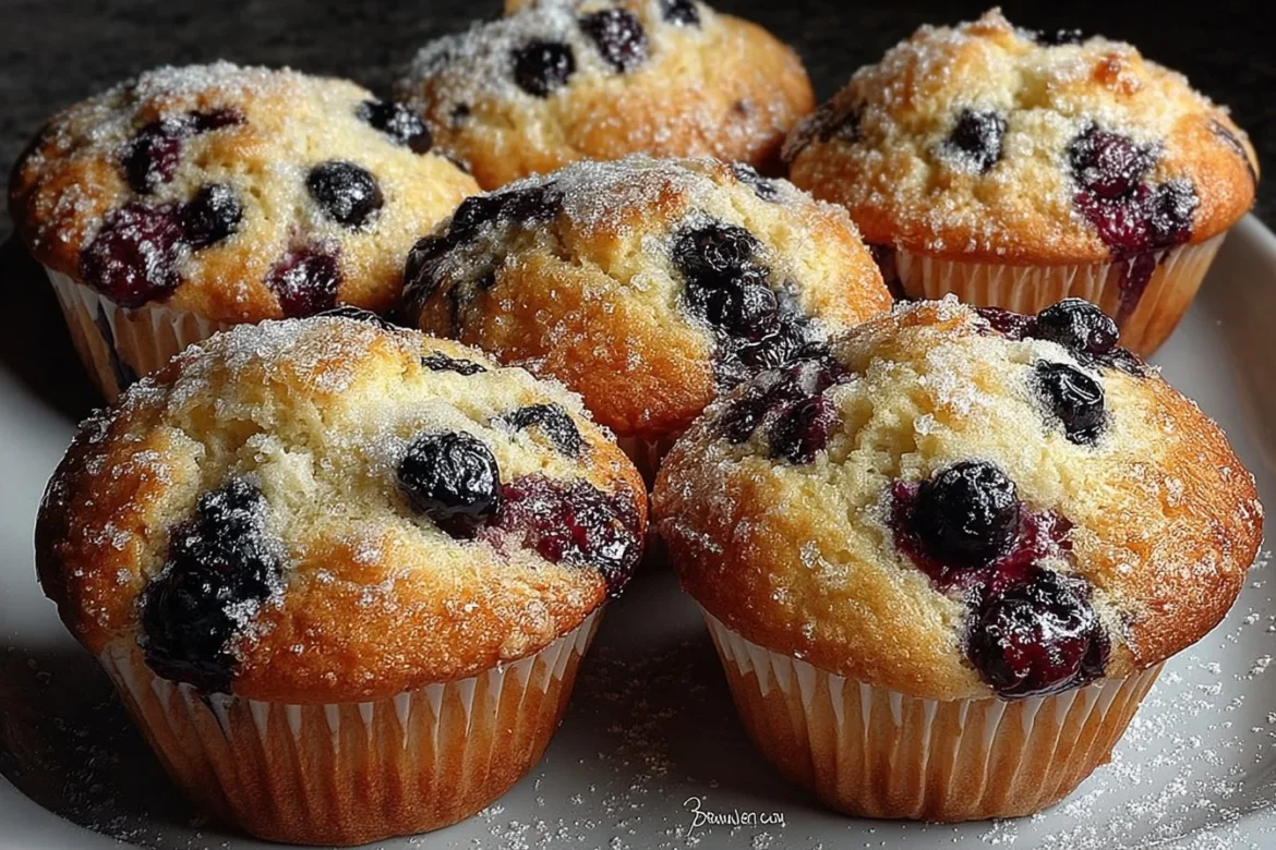 Delicious homemade blueberry muffins on a kitchen countertop