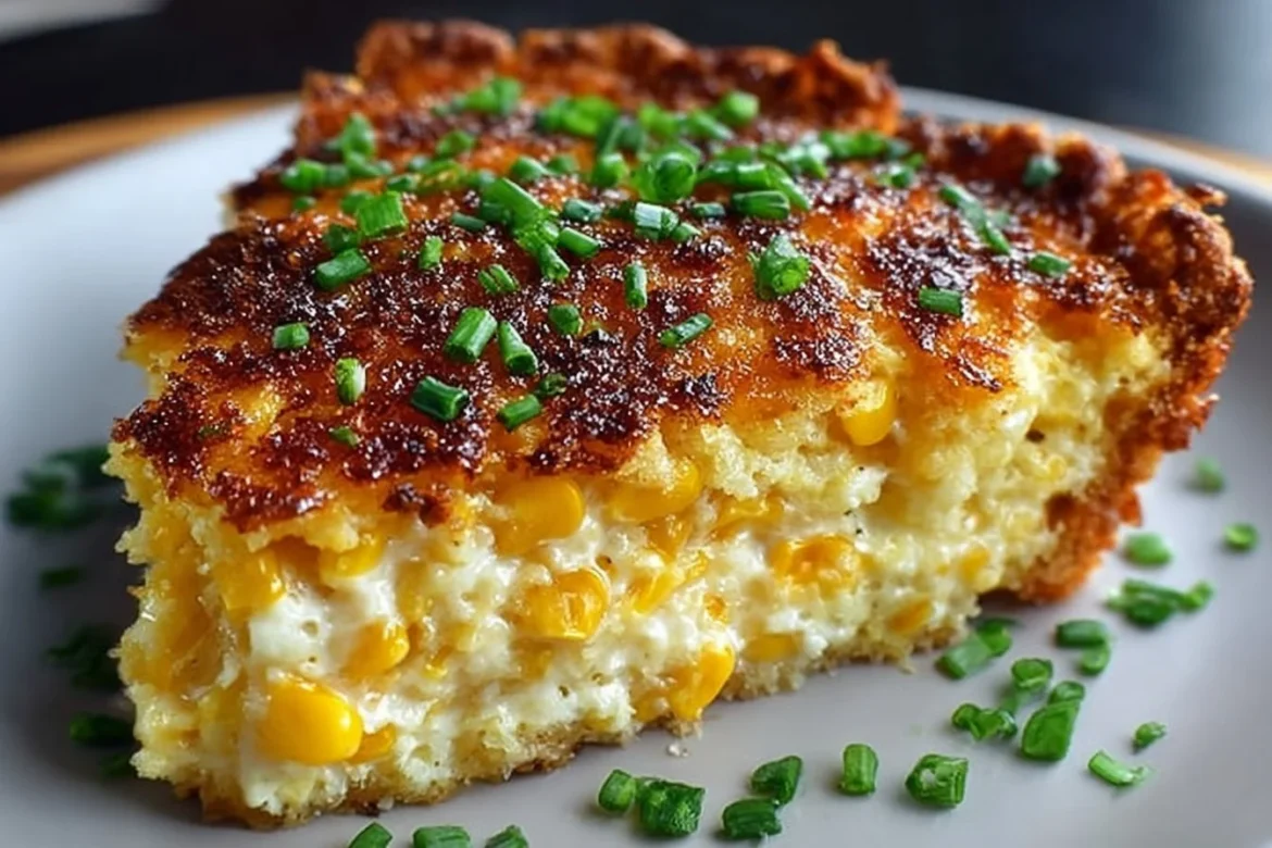 Cheddar Sweet Corn Pie served in a rustic dish with a golden crust.