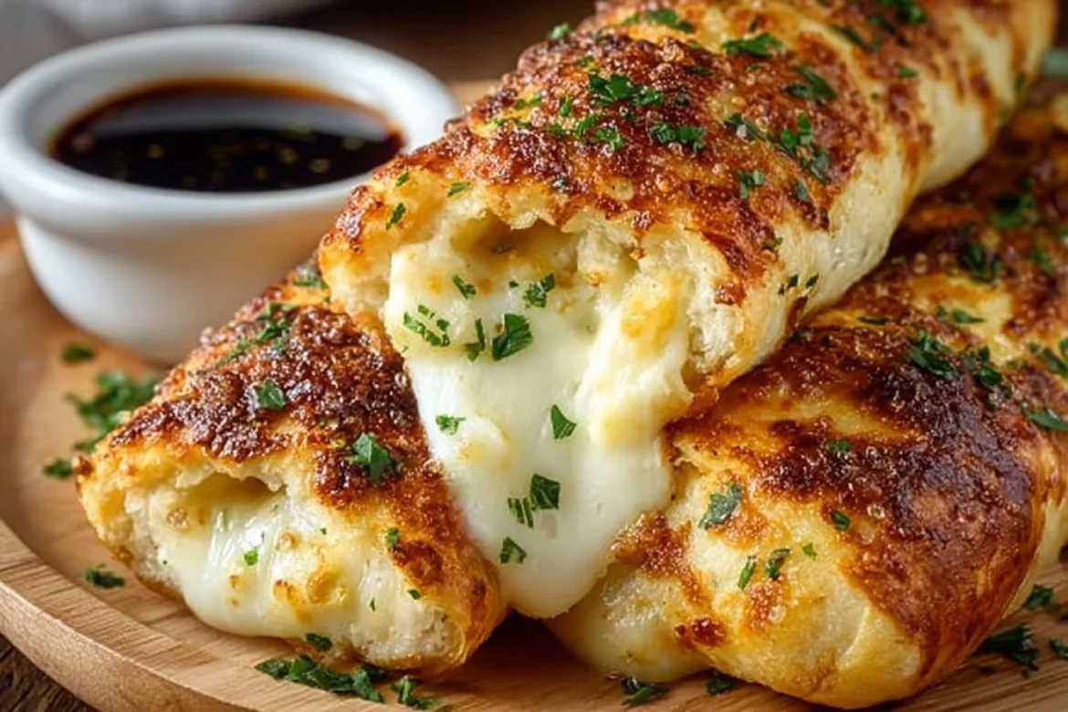 Cheese-Stuffed Breadsticks topped with garlic butter, served on a plate.