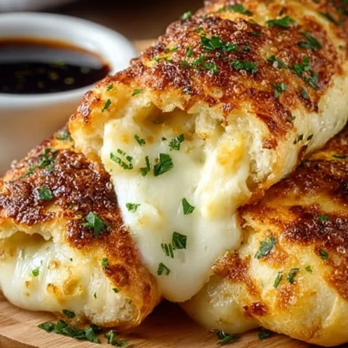 Cheese-Stuffed Breadsticks topped with garlic butter, served on a plate.