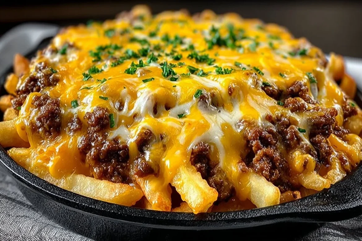 Delicious Cheeseburger French Fry Casserole topped with melted cheese and fries