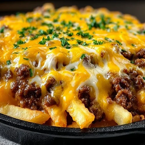 Delicious Cheeseburger French Fry Casserole topped with melted cheese and fries