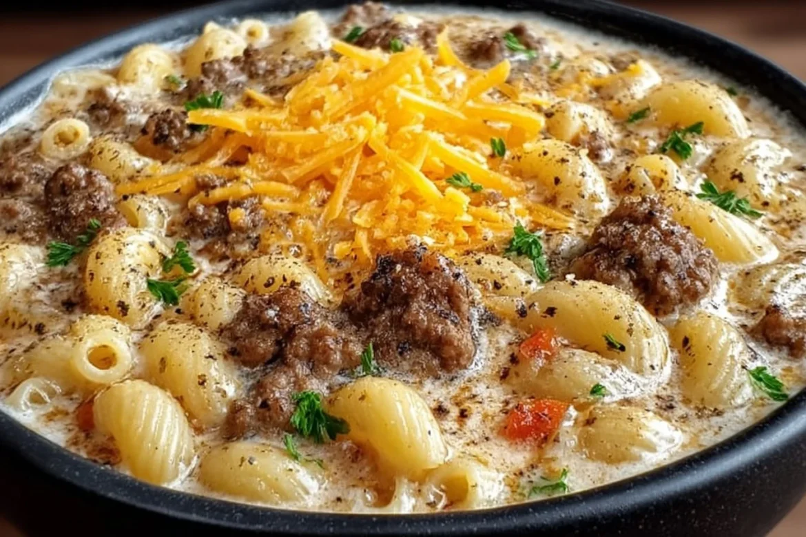 Bowl of cheeseburger macaroni soup topped with cheese and herbs