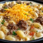 Bowl of cheeseburger macaroni soup topped with cheese and herbs