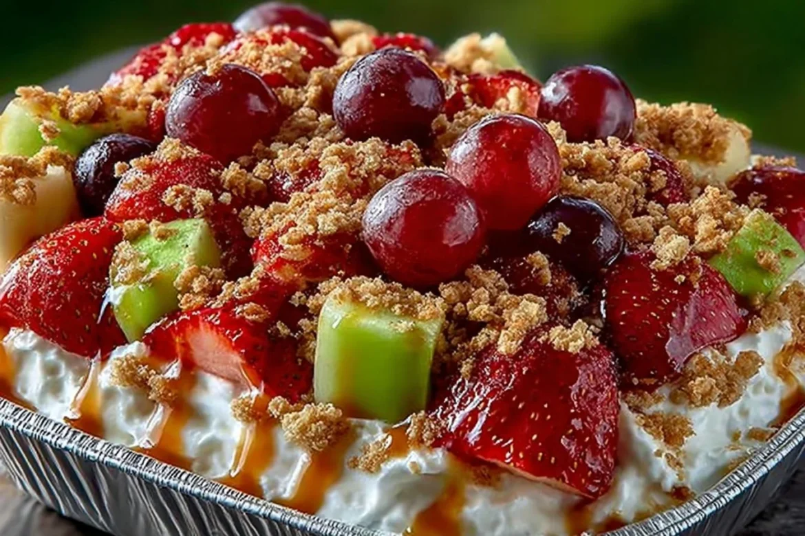 Delicious cheesecake fruit salad with colorful mixed fruits and creamy topping