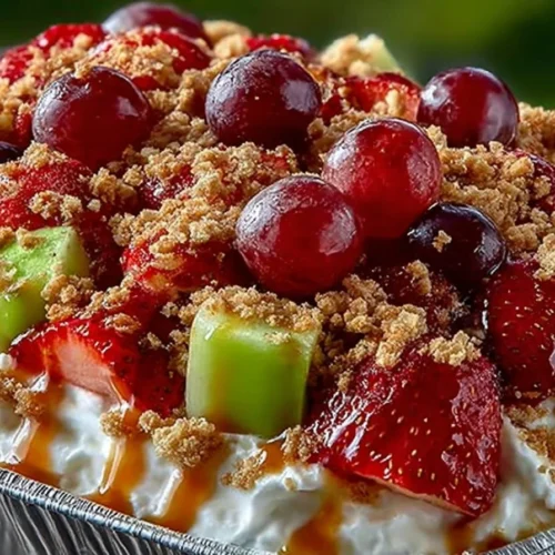 Delicious cheesecake fruit salad with colorful mixed fruits and creamy topping