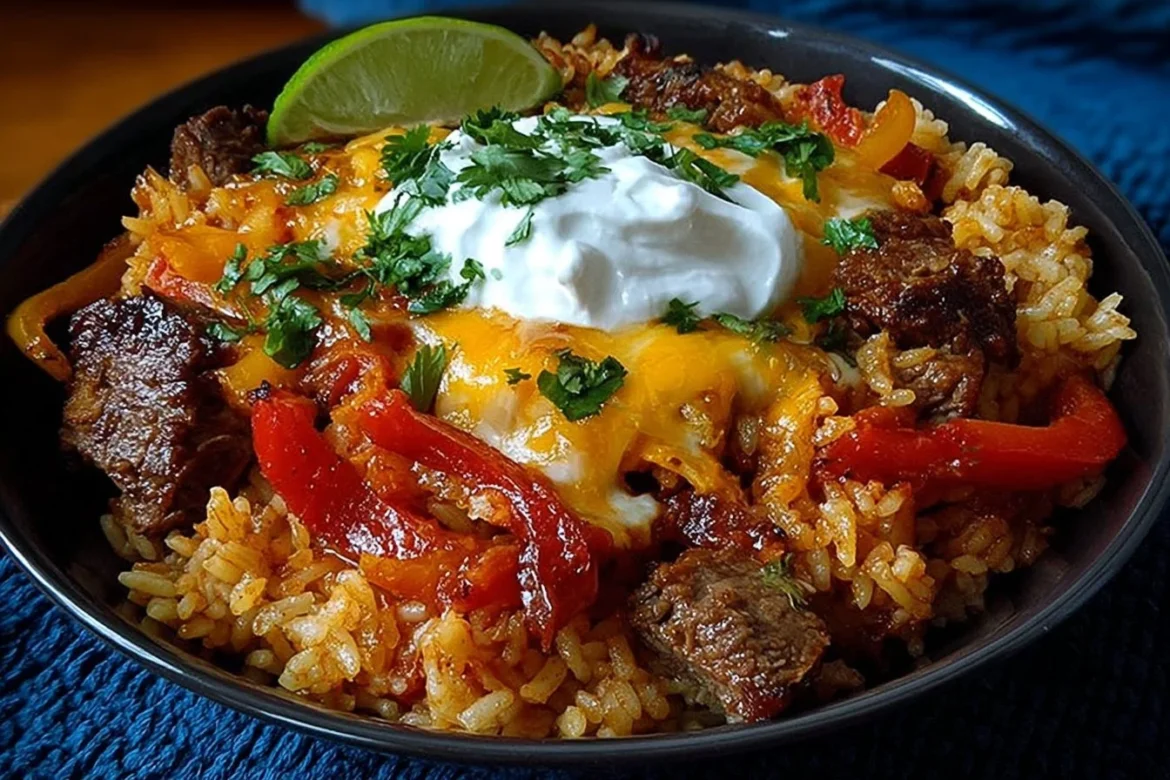 Cheesy Beef Fajita Dirty Rice Casserole topped with melted cheese and colorful peppers