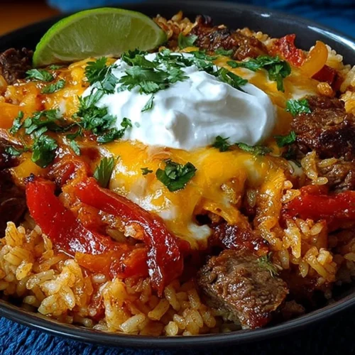 Cheesy Beef Fajita Dirty Rice Casserole topped with melted cheese and colorful peppers