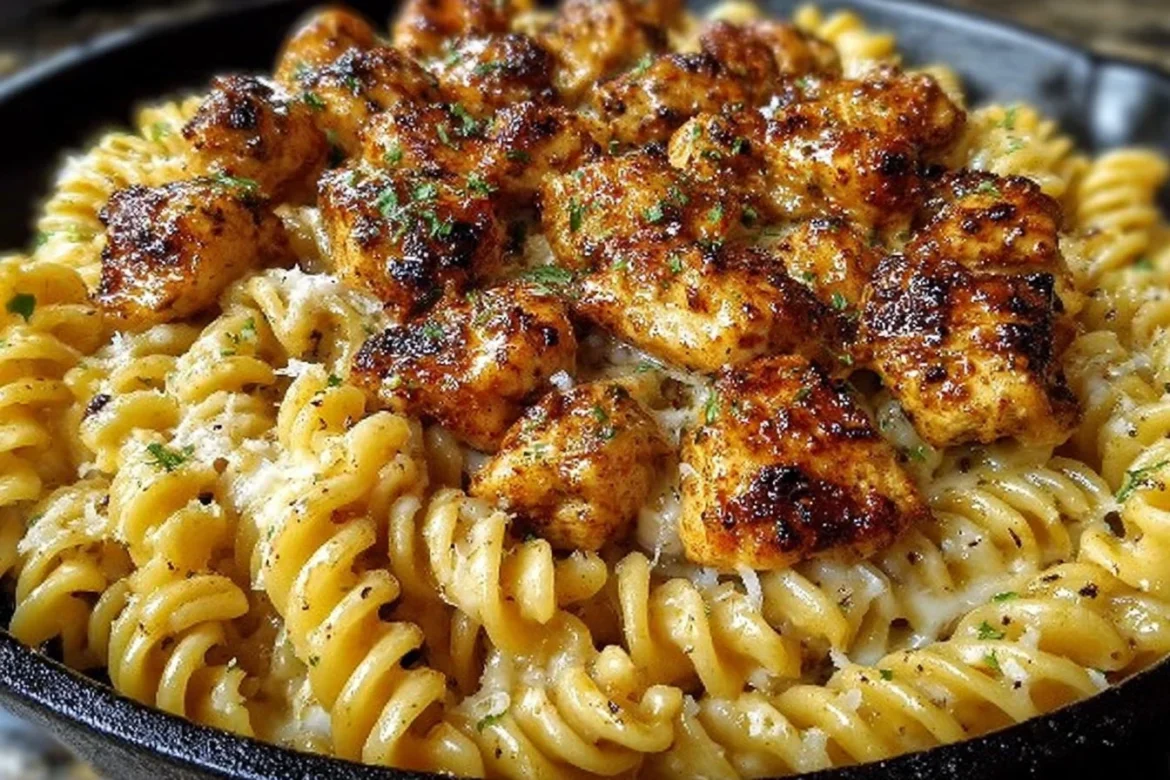 Cheesy Cajun Garlic Chicken Rotini Skillet with vibrant vegetables and spices