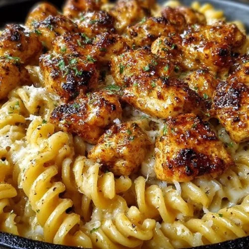 Cheesy Cajun Garlic Chicken Rotini Skillet with vibrant vegetables and spices