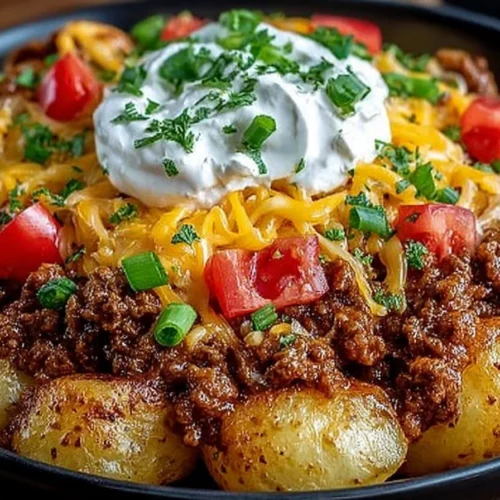 Delicious cheesy taco potatoes garnished with toppings