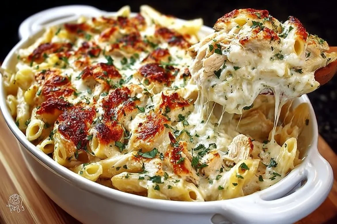 Delicious Chicken Alfredo Baked Ziti topped with cheese and herbs.