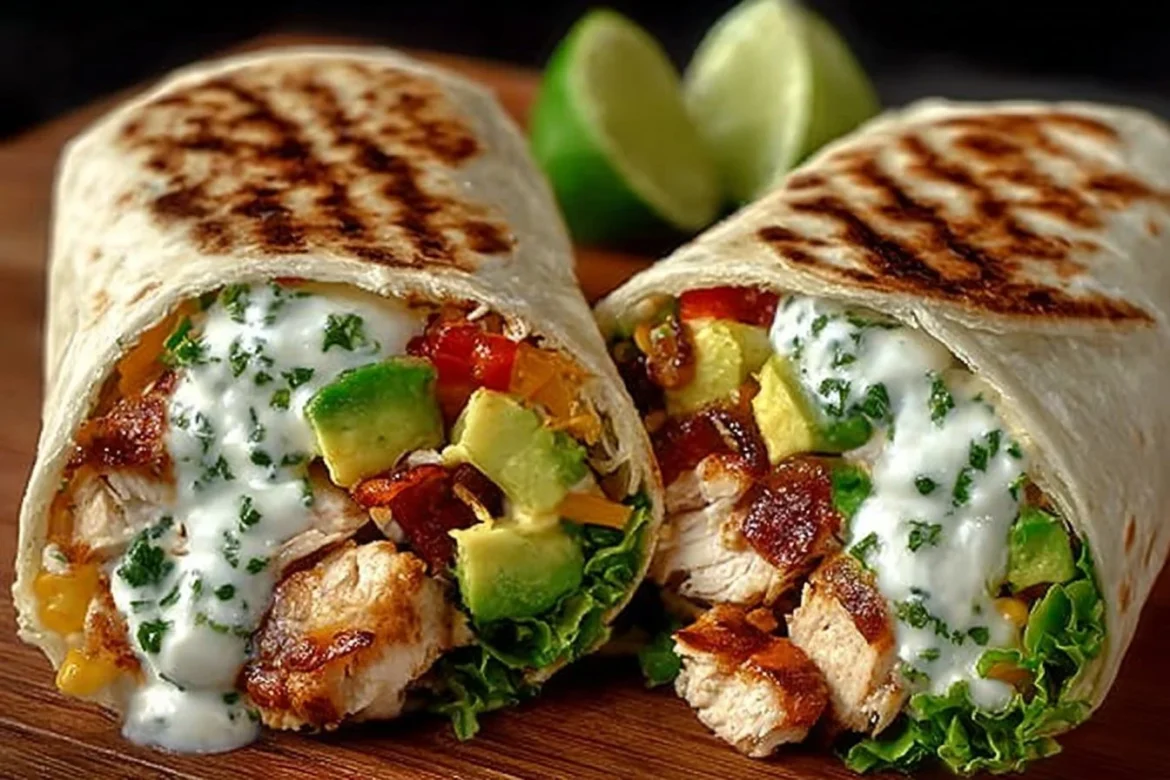 Chicken Avocado Ranch Burritos with lime wedges on a plate