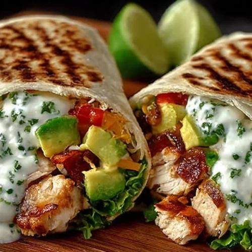 Chicken Avocado Ranch Burritos with lime wedges on a plate