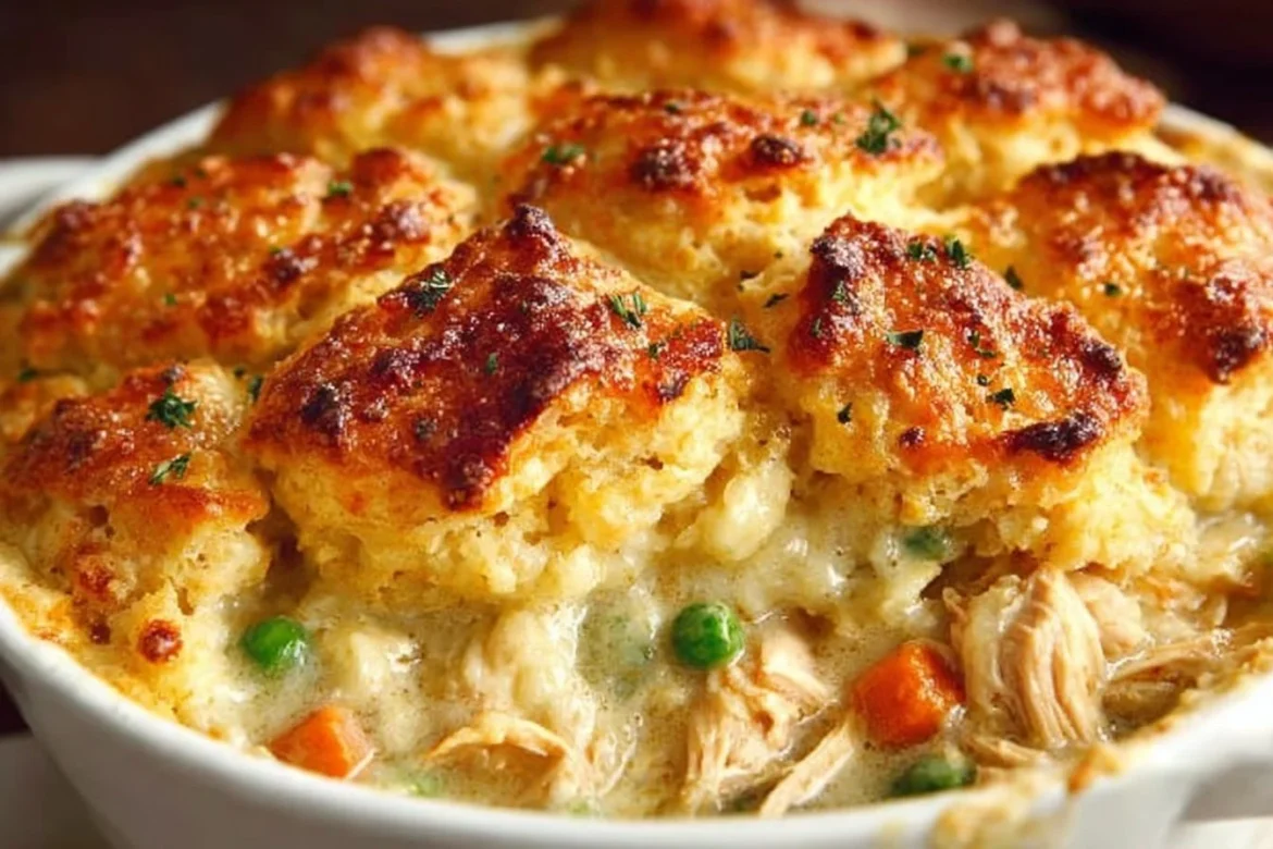 Delicious Chicken Cobbler with savory chicken and flaky topping