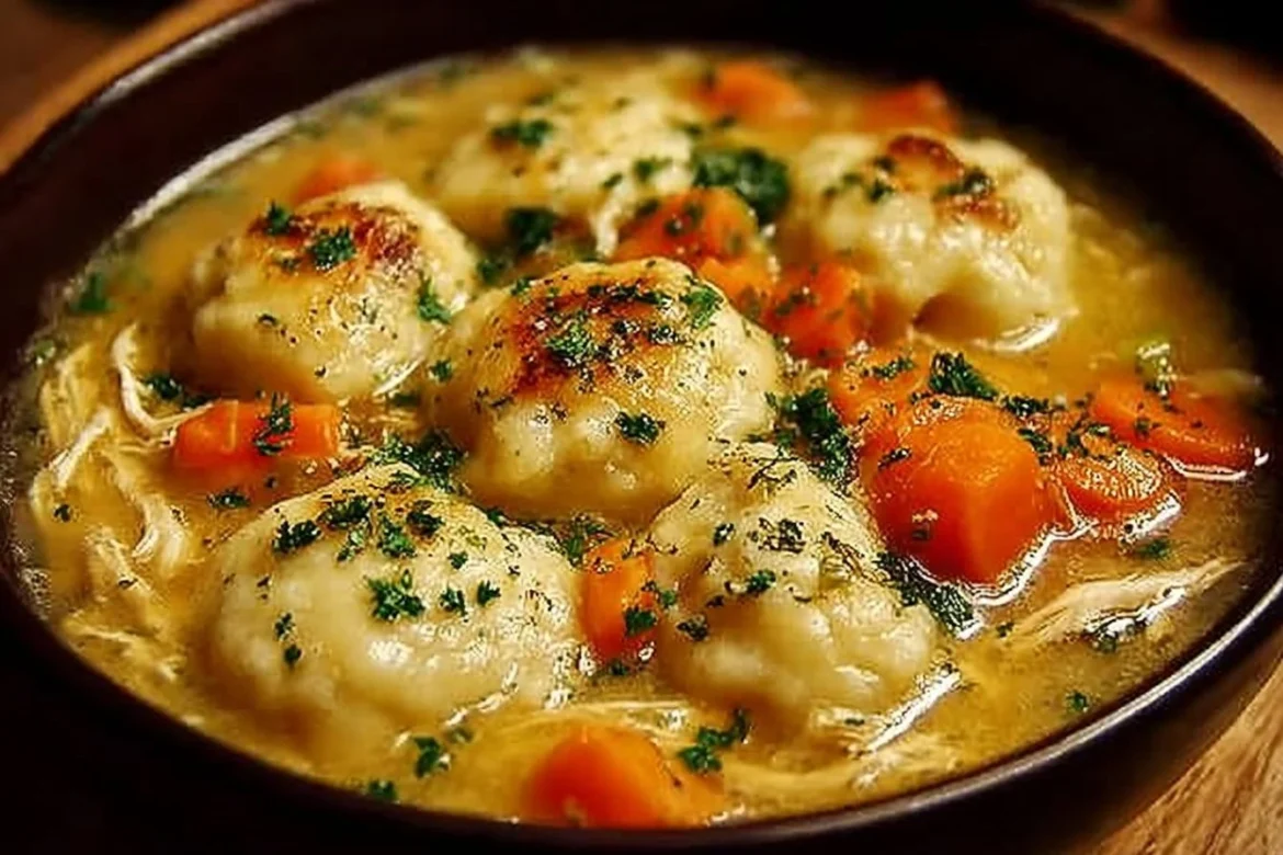 Bowl of Chicken Dumplings Soup garnished with herbs and spices.