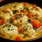 Bowl of Chicken Dumplings Soup garnished with herbs and spices.