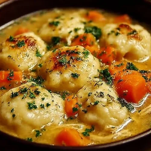 Bowl of Chicken Dumplings Soup garnished with herbs and spices.
