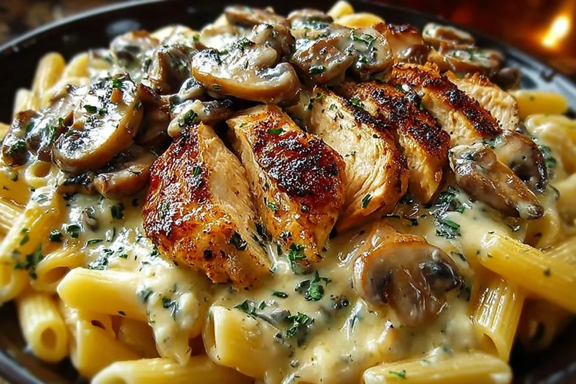 Delicious chicken and mushroom pasta with creamy sauce in a plated dish