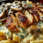 Delicious chicken and mushroom pasta with creamy sauce in a plated dish