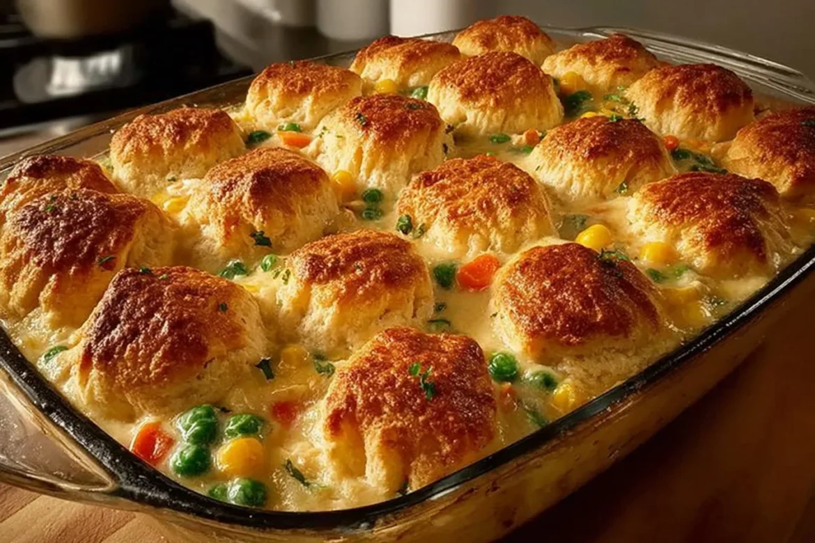 Delicious homemade Chicken Pot Pie Bake topped with golden crust.