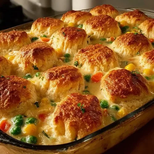 Delicious homemade Chicken Pot Pie Bake topped with golden crust.