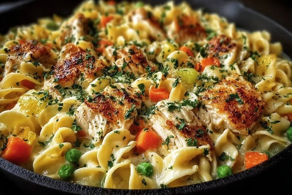 Delicious Chicken Pot Pie Noodle Skillet served in a pan with creamy filling.