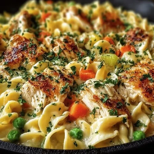 Delicious Chicken Pot Pie Noodle Skillet served in a pan with creamy filling.