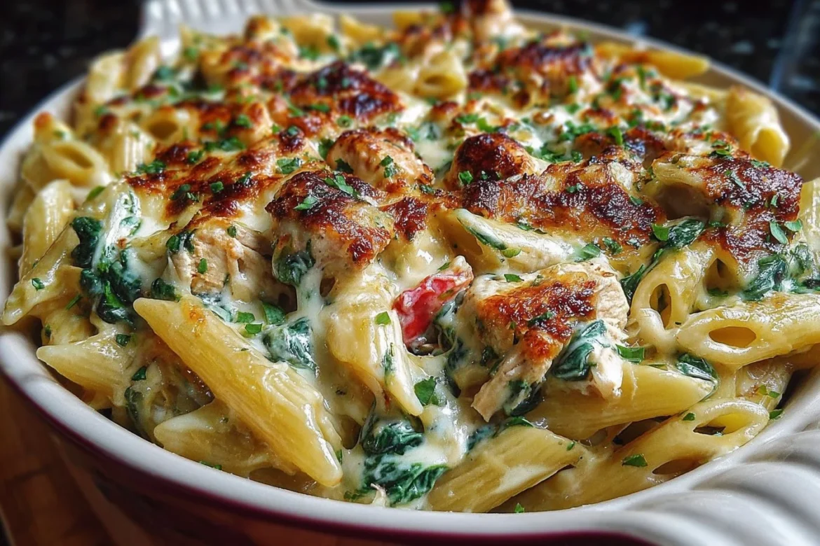 Delicious Chicken Pasta Bake with spinach and cheese ready to serve
