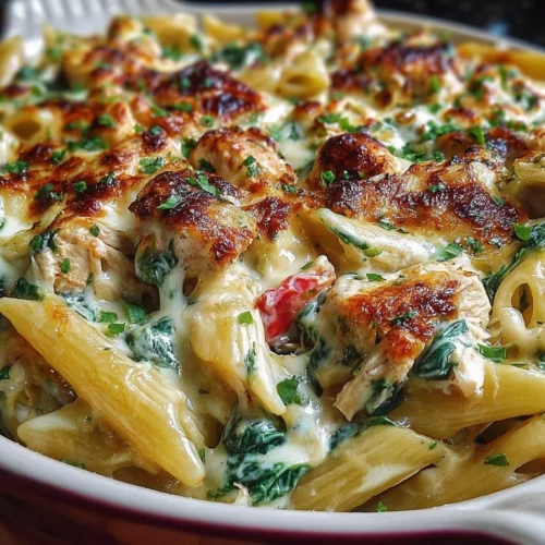 Delicious Chicken Pasta Bake with spinach and cheese ready to serve
